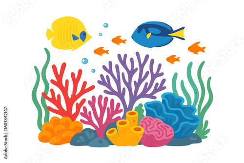 Vibrant coral reef illustration with tropical fish. Underwater sea life scene with butterflyfish, blue tang, seaweed, and colorful corals. Marine nature vector on transparent background.