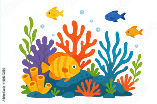 Underwater world cartoon illustration. Coral reef with fish. Marine life vector. Ocean aquatic background. Sea nature scenery. Tropical wildlife graphic. Kids sea bottom design.