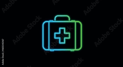 Neon medical kit icon on black background for emergency health care themes