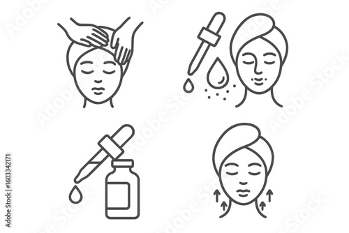 Beauty and spa line icon set. Skincare routine, facial massage, lifting treatment, and cosmetic serum application. Vector pictograms for dermatology and cosmetology concepts.