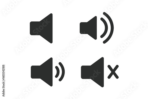 Speaker Icon Set. Audio Volume Symbol. Loudspeaker Mute and Sound Illustration. Vector Sound Level Icons for User Interface. Speaker, Audio, Volume, Sound Control, Music, Communication Design