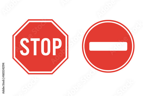 Traffic stop sign and no entry sign vector. Red octagon STOP text symbol and red circle white dash road prohibition sign for driving safety rules, transport warning illustration