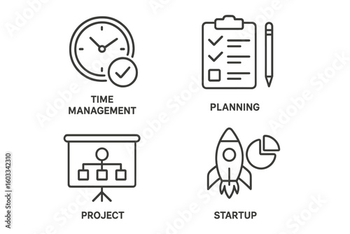 Business startup and project management vector icon set. Thin line icons for web and mobile apps. Concepts of time management, planning, strategy, and new business launch.