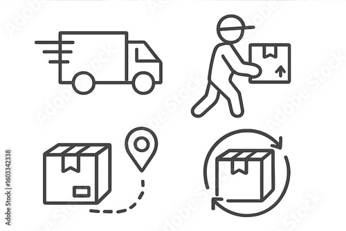 Delivery and logistics web icon set. Shipping service line art icons for mobile app. Includes express truck, courier, gps package tracking, and product return or refund.