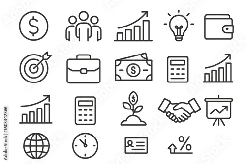 Business and finance thin line icon set. Vector symbols with editable stroke. Pictogram collection for money, investment, marketing, strategy, management, and growth concepts.