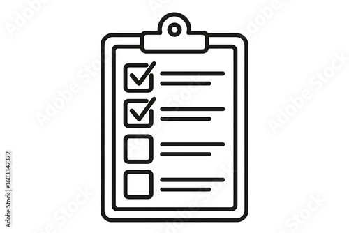 Thin line clipboard checklist icon with check marks, empty boxes, minimalist black outline task list, todo survey form, planning vector illustration on transparent background