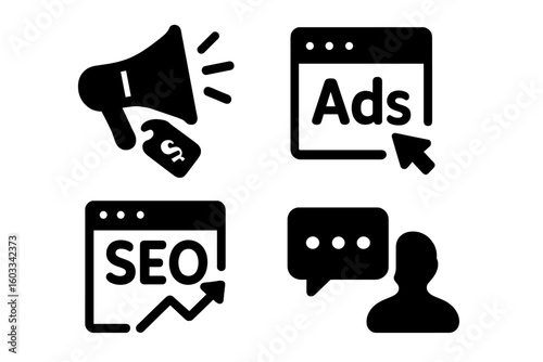 Digital marketing icon set for web and mobile apps. Solid glyph icons for e-commerce, sales, SEO, online ads, business analytics, customer feedback, and communication concepts.