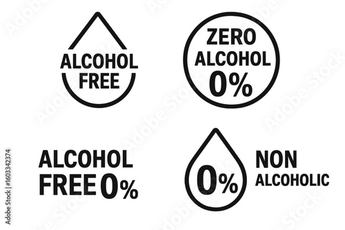 Alcohol free icon set for product packaging. Non alcoholic and zero percent alcohol symbol collection. Healthy sober lifestyle label badge. No alcohol sign stamp for drinks.