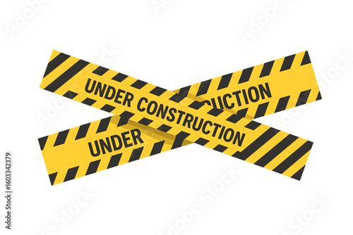 Yellow black crossed caution tape with diagonal hazard stripes and bold UNDER CONSTRUCTION text, vector design element for construction safety signage, website maintenance warning
