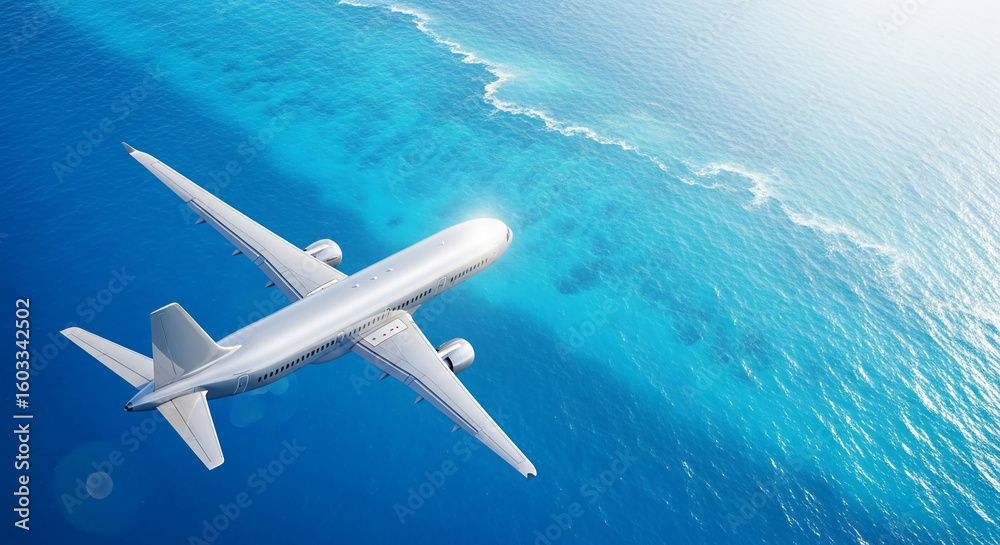 Fototapeta premium Aerial view of airplane over turquoise ocean, showcasing travel, freedom, and adventure concepts