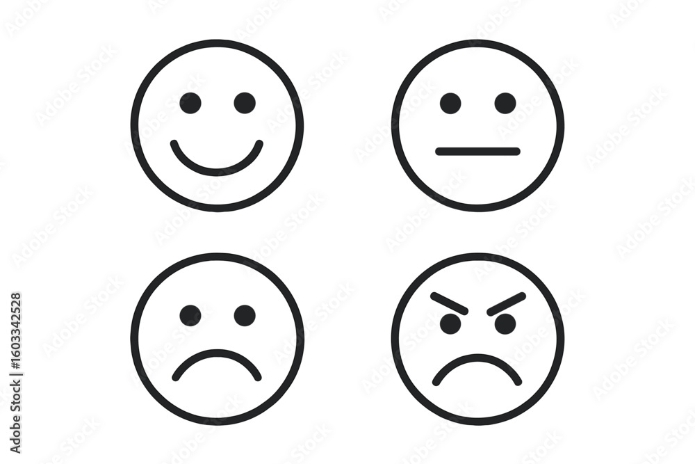 Emotion icons set of 4 round line emoji symbols with smile, happy faces, and emoticon expressions, minimalistic vector illustration on transparent background for digital and social media use Emotion icons set of 4 round line emoji symbols with smile, happy faces, and emoticon expressions, minimalistic vector illustration on transparent background for digital and social media use