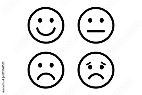 Set of 4 Minimalist Round Line Emotion Icons. Happy, Neutral, Sad, Worried Face Expressions. Simple Linear Emoji Collection. Mood Indicator. Black Outline Smileys Isolated on White. Editable Vector.