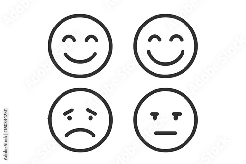 Emotion line icons set. Feedback emoji with happy, sad, and neutral face for customer satisfaction survey. Mood rating smileys. Simple emoticon symbols for user review.