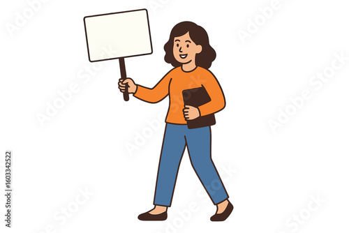 Walking woman holding blank protest sign. Female activist character demonstrating at a political rally. Concept for social movement, announcement, message or human rights.