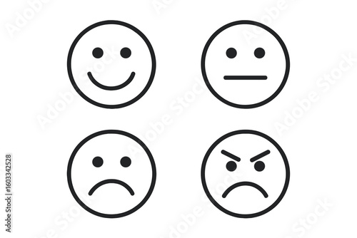 Emotion icons set of 4 round line emoji symbols with smile, happy faces, and emoticon expressions, minimalistic vector illustration on transparent background for digital and social media use