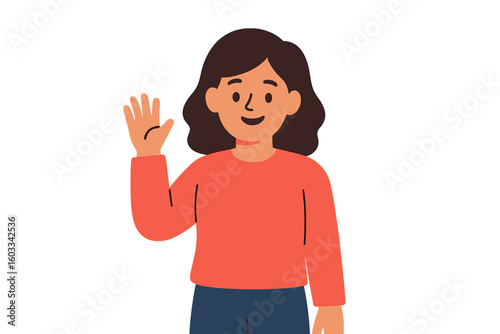 Friendly young woman cartoon character waving hand. Hello gesture. Happy smiling person saying hi or bye. Isolated flat vector illustration for web, avatar, or icon design.