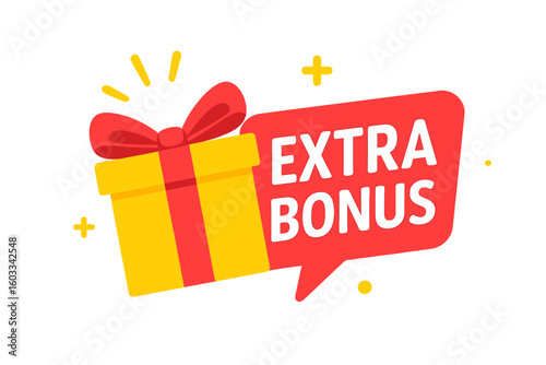 Extra bonus promotion label with surprise gift box. Discount offer vector banner. Modern web element for marketing and advertising design. Special bonus program sticker icon.