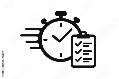 Fast time management icon with stopwatch and checklist. Express delivery, quick service, and efficiency concept. Fast planning, survey, and timely project completion symbol.