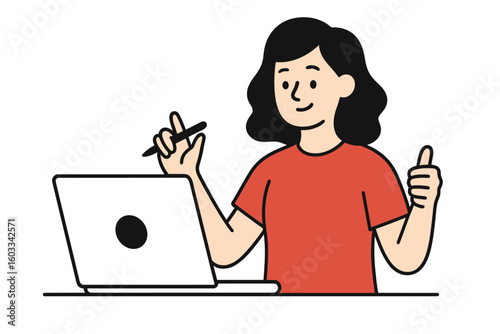 Happy young woman with laptop giving thumbs up. Girl studying online or working remote. Freelancer, designer or student concept. E-learning and successful education vector.