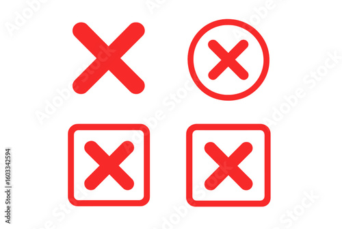 Red cross cancel icons set: bold flat X mark, error symbol in circle border, wrong close sign in rounded square, delete button in square frame for UI UX web app vector illustration