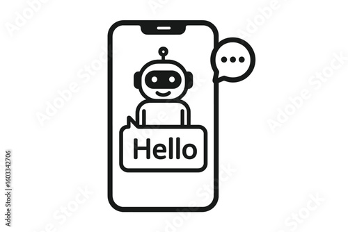 Chatbot icon in smartphone. AI assistant robot concept. Online customer service and support. Virtual help chat bot. Mobile messenger for consultation. Digital technology vector.