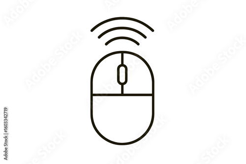 Computer mouse with wireless signal. Line art icon for technology concept. Vector illustration of a pc peripheral device. Flat linear design for web, app, graphic element.