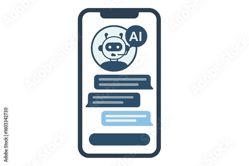 Chatbot on smartphone screen. AI chat bot application. Artificial intelligence technology. Online virtual assistant for customer support. Communication help service vector icon.