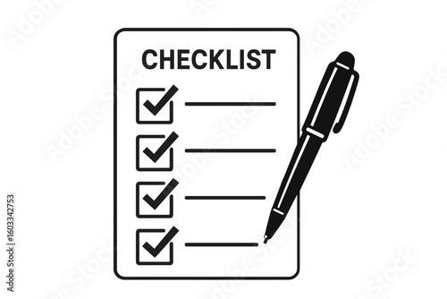 Checklist with pen vector icon. Task management and to-do list concept. Planning and organization symbol. Check mark sign for completed tasks and success. Survey form illustration.