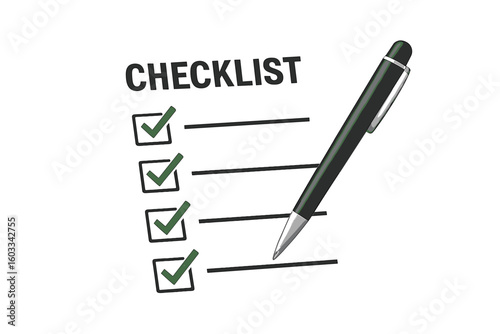 Checklist document with pen and green check marks. Concept of done tasks, completed to-do list, planning, and scheduling. Productivity, survey, goals, success, and report.