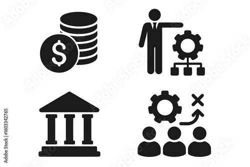 Business and finance icon set. Corporate management, strategy planning, teamwork collaboration, investment profit, and banking institution vector glyph icons for web and mobile.