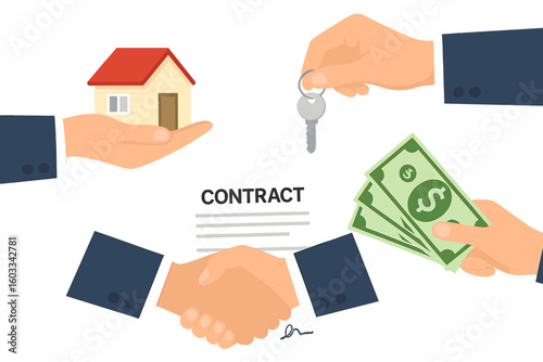 Real estate transaction concept. Agent and client handshake. Buying and selling a house. Hand gives keys and money for property. Mortgage loan agreement and contract signing.