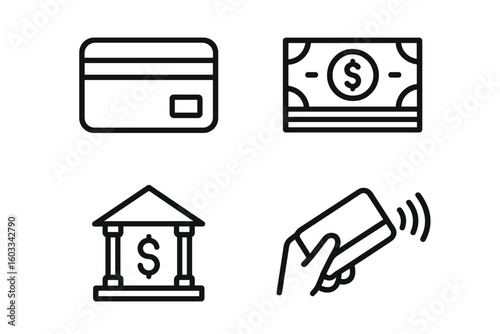 Finance and payment methods line icon set. Banking, money, and credit card symbols. Contactless payment, transaction, and currency exchange. E-commerce vector signs.