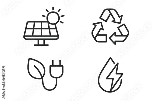 Green energy icon set. Renewable power sources line icons. Solar panel, recycling symbol, bioenergy plug, and hydropower drop. Ecology and sustainability vector symbols.