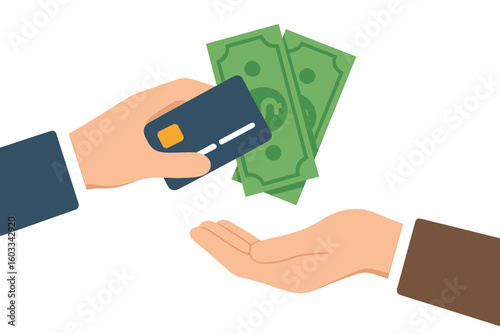 Hand giving money and credit card. Payment transaction concept. Paying with cash and plastic card. Financial exchange, purchase, sale, investment, loan. Flat vector.