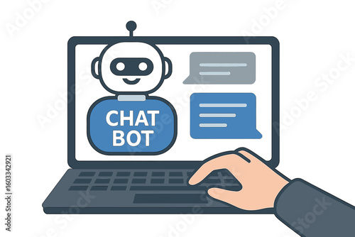 Chatbot on laptop screen, man's hand typing and communicating with AI online assistant. Concept for virtual customer service, technical support, help, and communication.