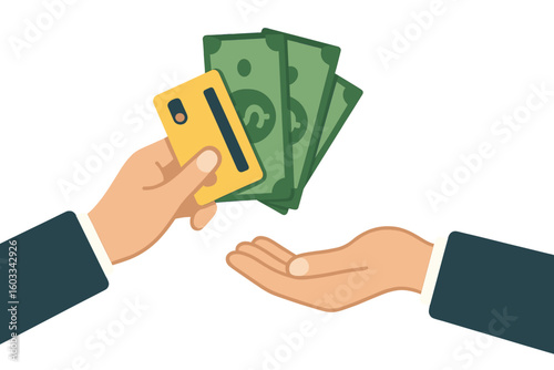 Human hand giving money, banknotes and credit card. Paying for something concept. Financial transaction, business investment. Payment of salary, credit, or loan. Modern vector.