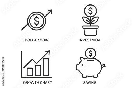 Finance investment line icon set. Money saving, piggy bank, dollar coin, profit growth chart. Business success financial concept. Outline vector illustration symbol collection.