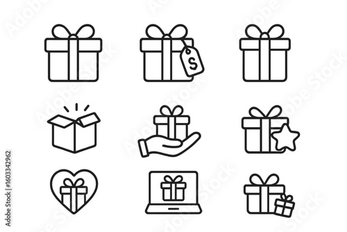 Vector gift box line icon set. Present and surprise concepts. Outline pictogram collection for birthday, anniversary, holiday celebration, giveaway, loyalty program, and sale.