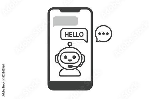 Chatbot in smartphone says hello. Customer service bot icon for online consultation. AI virtual assistant in chat messenger for support. Helpdesk robot communication.