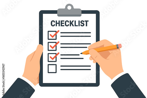 Checklist concept. Man hands holding clipboard with pencil and marking checkbox. To do list, survey form, questionnaire, test, exam. Business planning, task management.