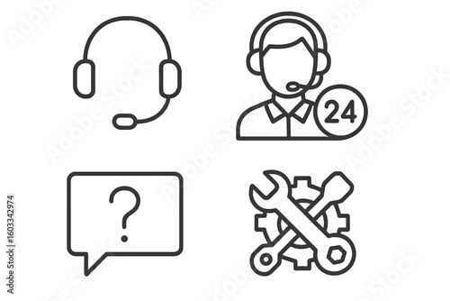 Customer support icon set. Call center operator, 24-hour service, FAQ, and technical help. Vector line icons for contact us, hotline, and repair services. Editable stroke.