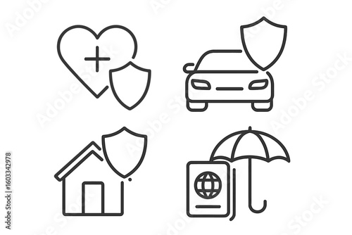 Insurance icons set. Health, life, property, car, home, and travel insurance symbols. Vector line pictogram collection for web and mobile app. Assurance and protection concept.