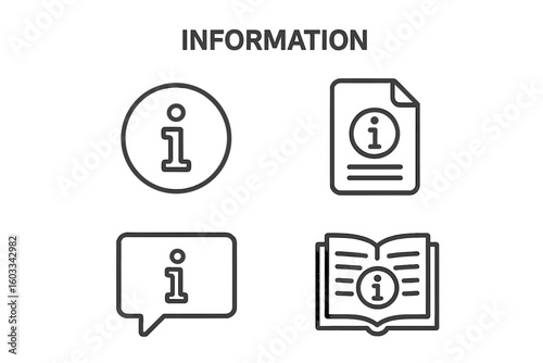 Information icon set. Linear info symbols for help and support. FAQ, guide, and manual concept icons for UI UX web design. Vector outline pictogram collection. Editable stroke.