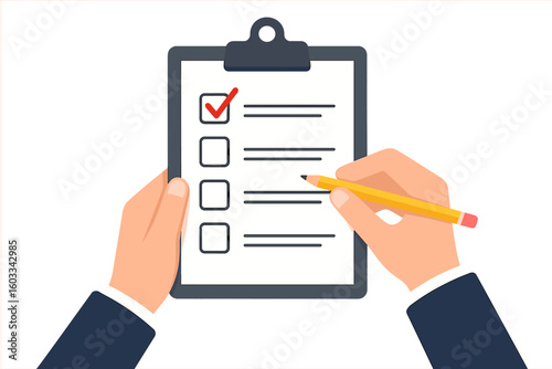 Hands holding clipboard with checklist and pencil. Concept of task management, to-do list, planning. Businessman ticking checkbox. Survey, poll, quiz, exam, agreement form.
