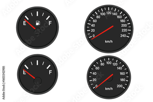 Car dashboard instrument set with fuel gauge and speedometer. Vector illustration of vehicle speed and gas level indicators. Full and empty tank. Analog dial in kmh.