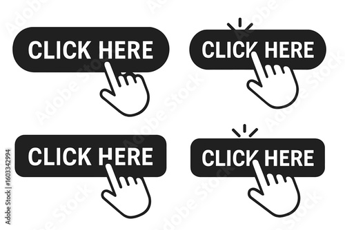 Click here button set with hand cursor pointer. Modern action buttons collection with mouse click symbol for website design. Call to action web element. UI UX icon.