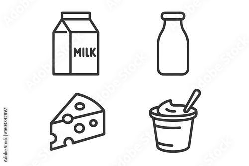 Dairy products line icon set. Milk carton, bottle, cheese wedge, and yogurt cup outline icons. Healthy food and drink concept for grocery, farm, and nutrition. Editable stroke vector.