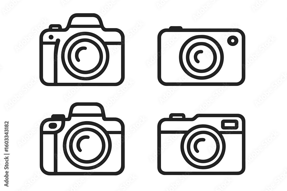 Camera line icon set. Photography and photo equipment symbols. Vector collection of modern DSLR, mirrorless and compact camera outlines for web design, app, and logo. Camera line icon set. Photography and photo equipment symbols. Vector collection of modern DSLR, mirrorless and compact camera outlines for web design, app, and logo.