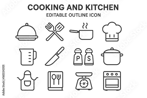 Cooking and kitchen editable outline icon set. Vector symbols of culinary tools, utensils, and equipment for restaurant menu, recipe book, website, or mobile app design.