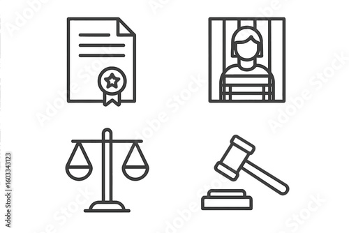 Law and justice icon set in thin line style. Legal symbols for web, mobile. Includes judge gavel, prisoner in jail, court scales, and certified legal document. Vector.
